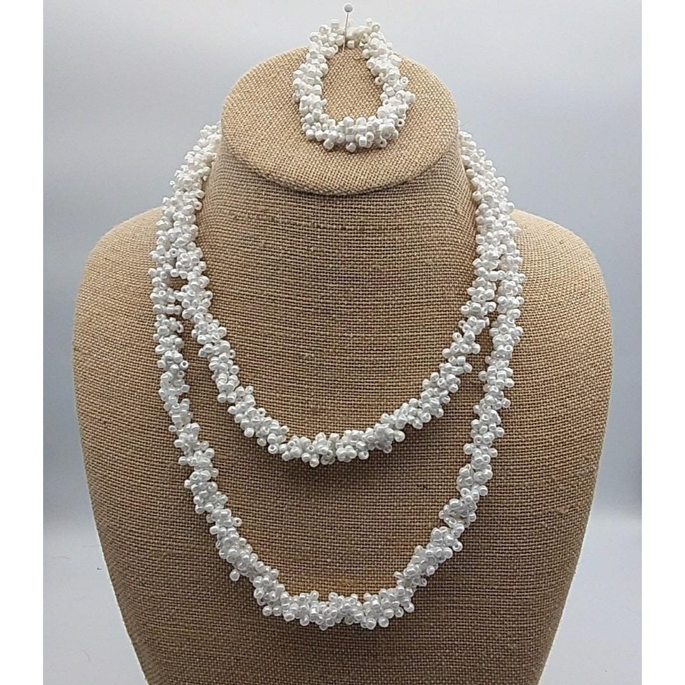 Long Chunky Statement White Seed Bead Necklace and Bracelet 24" Parure Set